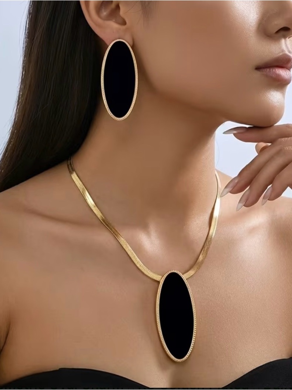 Elegant Gold and Black Oval Necklace & Earrings Set - Women Jewelry Set